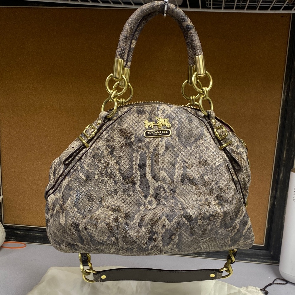 Coach Snake-Print Satchel Bag in Taupe and Brown with Gold Hardware
